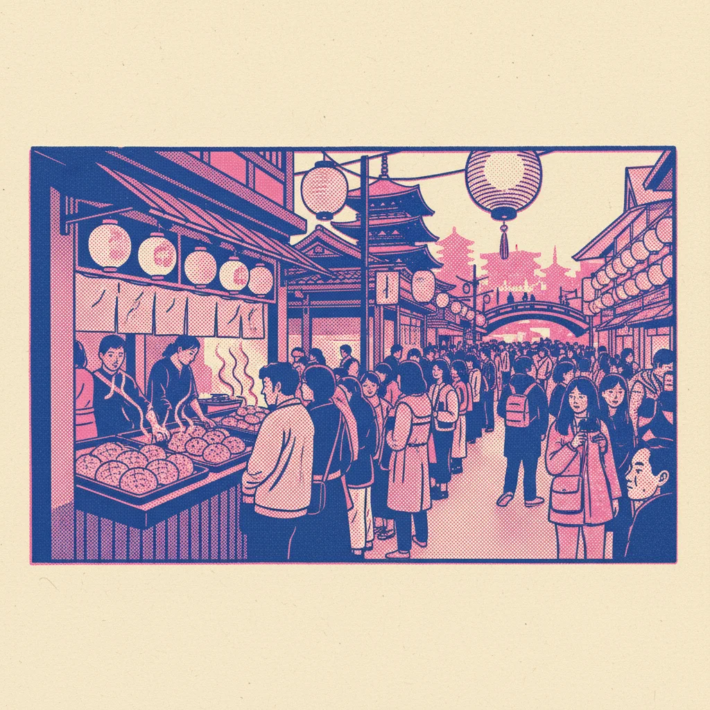 浅草寺近く、行列のできる店先の賑わい